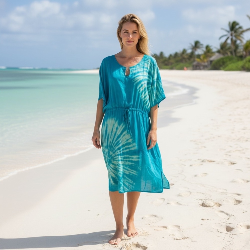 Green Dragon Sanddrift Dress‎ Teal Blue Tie Dye Drawstring Waist Rayon Large NWT